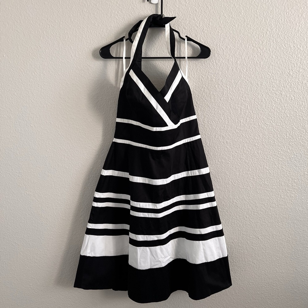 WHBM Sz 12 Dress Midi A-line Stripe Halter Black White Stretch NWT